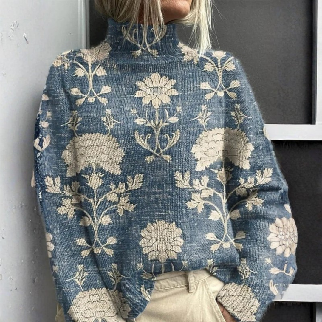 Olive | Vintage floral pattern turtleneck sweater