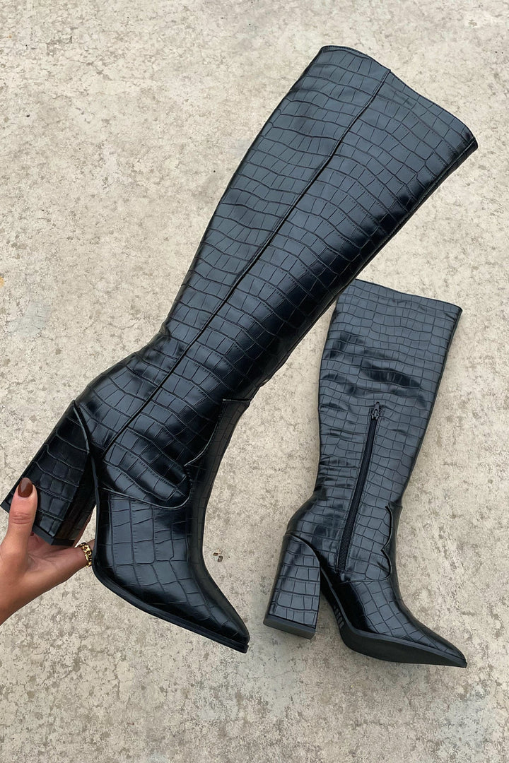 Mila™ Black Croc Knee-High Boots